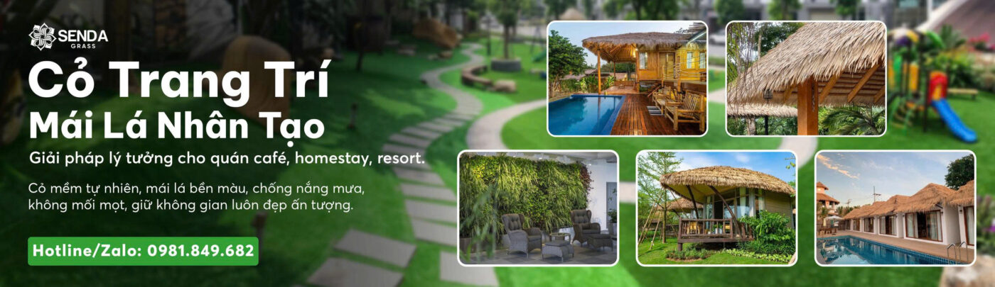 banner cỏ trang trí mái lá nhân tạo senda